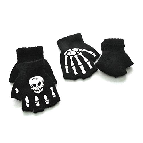 Jiushiwwwan niños pequeños Halloween Cosplay Esqueleto Calavera Medio Dedo Guantes Que Brillan en la Oscuridad Luminosos Guantes de Invierno sin Dedos B #