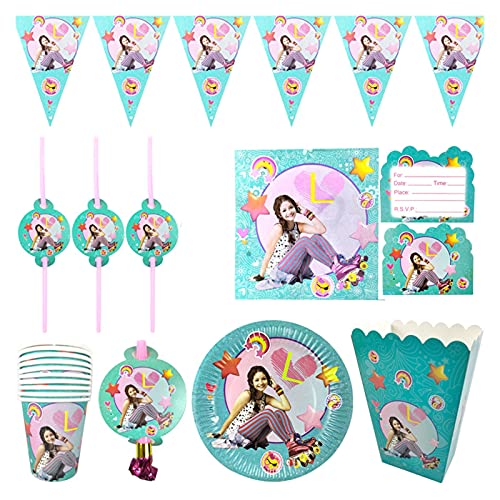 Jjwlkeji Vajilla De Fiesta 94pcs / Lot Soy Luna Tema Feliz Cumpleaños Placas Placas Banner Tazas Banderas Napkins Decorar Blowouts Baby Shower Stepls Popcorn Box