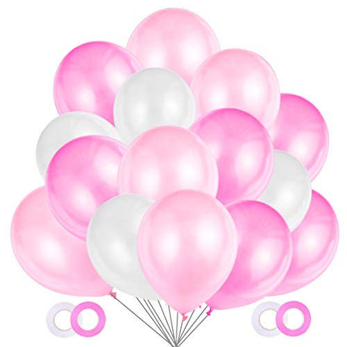 JOJOR Globos Rosas y Blanco,100 Piezas Globos Cumpleaños Rosas Perlados, Globos de Fiesta para Bodas, Niña Cumpleaños Comunion Bautizo Baby Shower Bebe 1 Años Rosas Decoraciones