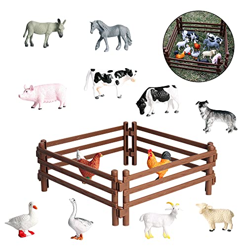 Jooheli Animales de Granja, 12 Piezas Juguetes Animales, Figuras de Animales de Juguete con 16 Piezas Valla para Niños niñas Juguete Cognición Educativa Regalos