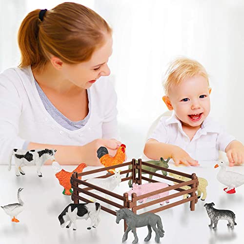 Jooheli Animales de Granja, 12 Piezas Juguetes Animales, Figuras de Animales de Juguete con 16 Piezas Valla para Niños niñas Juguete Cognición Educativa Regalos