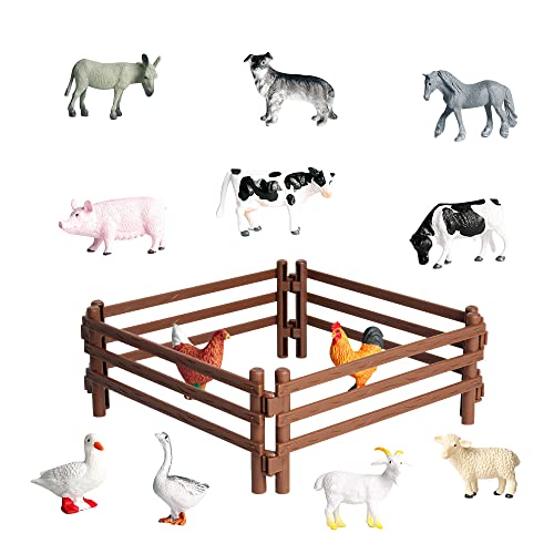 Jooheli Animales de Granja, 12 Piezas Juguetes Animales, Figuras de Animales de Juguete con 16 Piezas Valla para Niños niñas Juguete Cognición Educativa Regalos