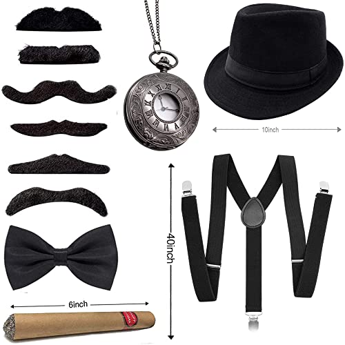 JORAKI Accesorios Hombre los Años 20 con Sombrero Gángster Tirante Pajarita Reloj de Bolsillo Bigote Falso,Disfraz de Hombre para Gángster Fiesta Bailes de Halloween (Black)