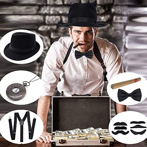 JORAKI Accesorios Hombre los Años 20 con Sombrero Gángster Tirante Pajarita Reloj de Bolsillo Bigote Falso,Disfraz de Hombre para Gángster Fiesta Bailes de Halloween (Black)