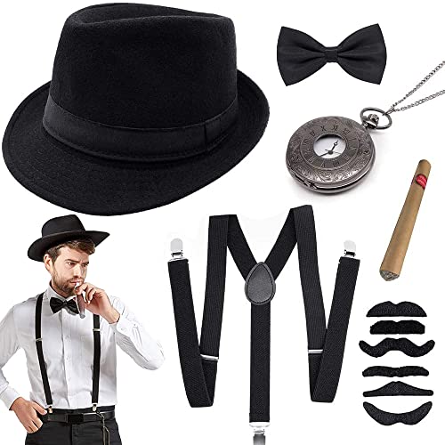 JORAKI Accesorios Hombre los Años 20 con Sombrero Gángster Tirante Pajarita Reloj de Bolsillo Bigote Falso,Disfraz de Hombre para Gángster Fiesta Bailes de Halloween (Black)