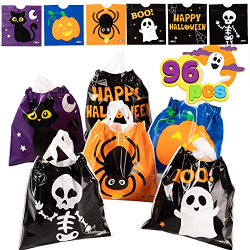 JOYIN 96 Pcs Bolsas para Dulces con Cordón de Halloween, Bolsas Pequeñas de Truco o Trato, Bolsas de Plástico para Regalos