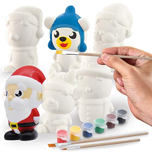 JOYIN Kit de Manualidades de Navidad Jugute Squishy para Pintar con 6 Personajes Diferentes, 3 Pinceles y Tubos de Pintura. Kit de Arte y Manualidades de Bricolaje, Jugutes Blanditos de Navidad