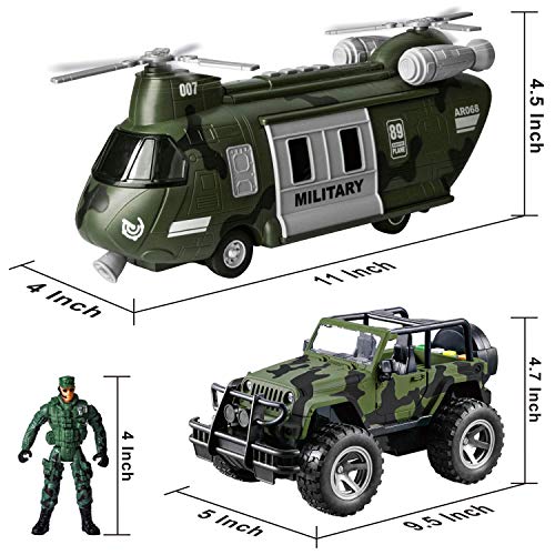 JOYIN Vehículos militares juguete conjunto de helicóptero de transporte eléctrico por fricción y camión militar con sirena de luz y sonido y hombres del ejército soldado figuras de acción para niños