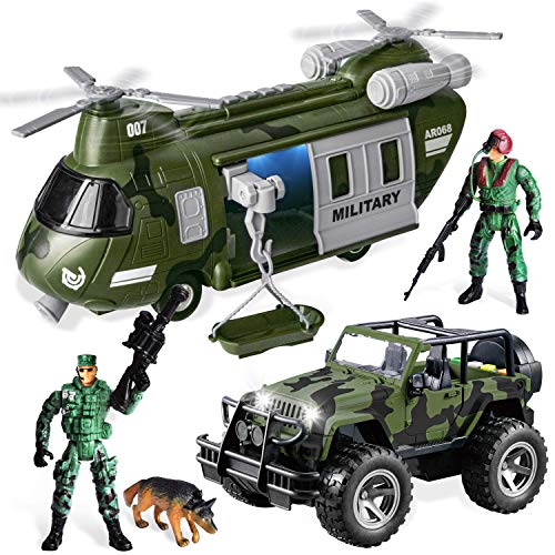 JOYIN Vehículos militares juguete conjunto de helicóptero de transporte eléctrico por fricción y camión militar con sirena de luz y sonido y hombres del ejército soldado figuras de acción para niños