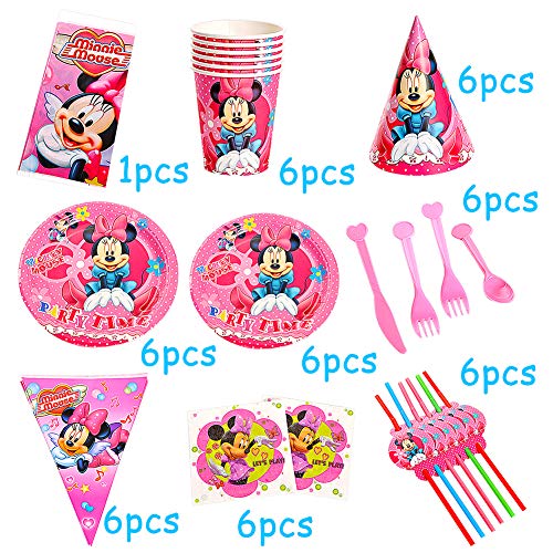 JPYH Set de Fiesta de cumpleaños de Mickey 60PCS Disney Mickey Mouse Party Decoration Set Platos Tazas Servilletas Pack de Fiesta reciclable Mickey Mantel Sirve para 6 Invitados