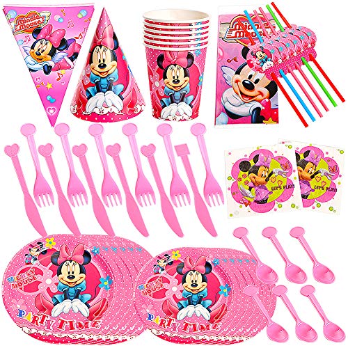 JPYH Set de Fiesta de cumpleaños de Mickey 60PCS Disney Mickey Mouse Party Decoration Set Platos Tazas Servilletas Pack de Fiesta reciclable Mickey Mantel Sirve para 6 Invitados