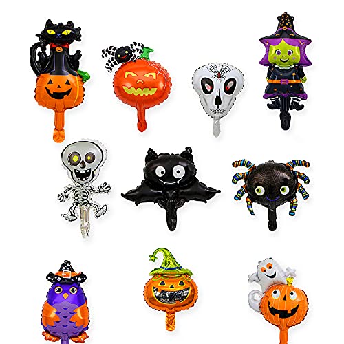 Juego de 10 globos de Halloween,para fiestas de Halloween,cabeza de monstruo,murciélago,búho,esqueleto,araña,bruja,calabaza fantasma,gato negro de calabaza,araña de calabaza,con bomba de mano