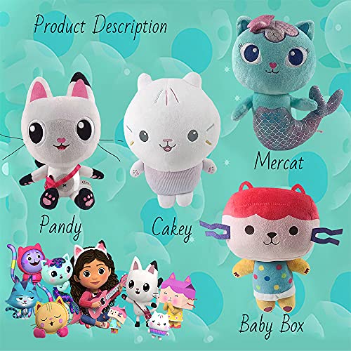 Juego de 2/4 Piezas Gabby's Dollhouse Plushes, 25cm / 9.8in Pandy & Mercat & Cakey & Baby Box Cute Plushes, Peluches de Animales de Peluche para fanáticos de Dibujos Animados (4Pcs Set)