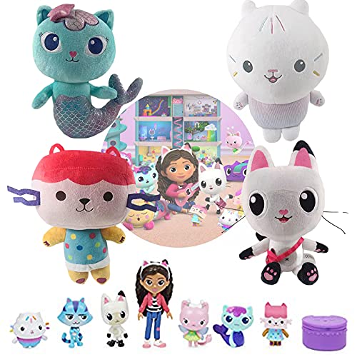 Juego de 2/4 Piezas Gabby's Dollhouse Plushes, 25cm / 9.8in Pandy & Mercat & Cakey & Baby Box Cute Plushes, Peluches de Animales de Peluche para fanáticos de Dibujos Animados (4Pcs Set)