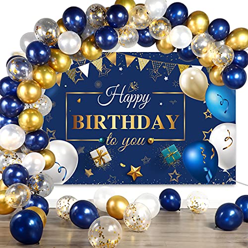 Juego de 50 Globos de Confeti de Cumpleaños de Azul Marino y Dorado y Banner de Fondo de Fotografía de Cumpleaños de Azul y Dorado para Niños Adultos Decoración de Fiesta de Cumpleaños