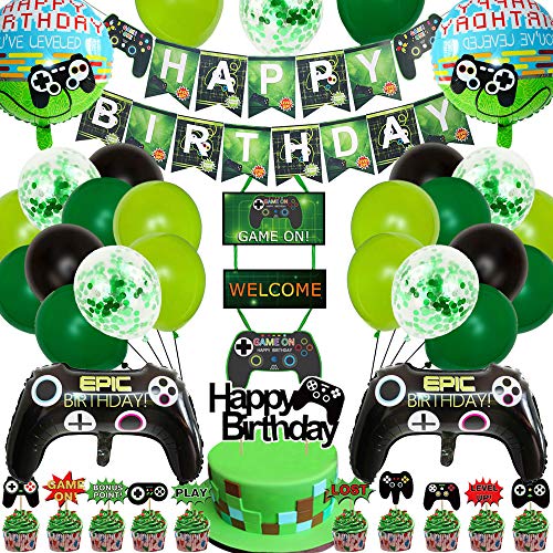 Juego de accesorios para fiesta de cumpleaños con temática de Miner Gamer, decoración para fiestas de cumpleaños, globos con inserciones de pixeles para decoración de cumpleaños o gaming