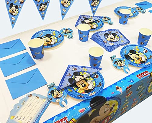 Juego De CumpleañOs Para NiñOs, Juego De Cubiertos De Mickey Mouse Azul De 36 Piezas, Cubiertos De Mickey Globo De Mickey Con Platos De 7 Pulgadas, Tazas, Banderas, Cometas,Porciones Para 6 Personas