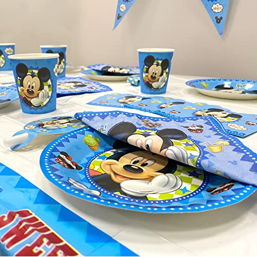 Juego De CumpleañOs Para NiñOs, Juego De Cubiertos De Mickey Mouse Azul De 36 Piezas, Cubiertos De Mickey Globo De Mickey Con Platos De 7 Pulgadas, Tazas, Banderas, Cometas,Porciones Para 6 Personas