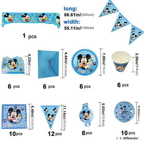 Juego De CumpleañOs Para NiñOs, Juego De Cubiertos De Mickey Mouse Azul De 36 Piezas, Cubiertos De Mickey Globo De Mickey Con Platos De 7 Pulgadas, Tazas, Banderas, Cometas,Porciones Para 6 Personas