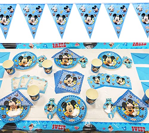 Juego De CumpleañOs Para NiñOs, Juego De Cubiertos De Mickey Mouse Azul De 36 Piezas, Cubiertos De Mickey Globo De Mickey Con Platos De 7 Pulgadas, Tazas, Banderas, Cometas,Porciones Para 6 Personas