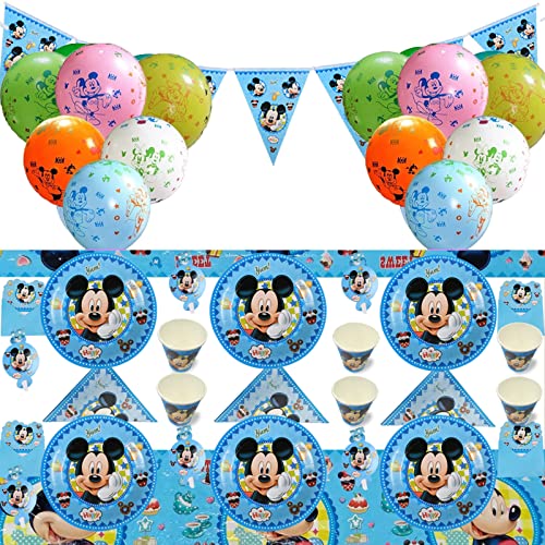 Juego De CumpleañOs Para NiñOs, Juego De Cubiertos De Mickey Mouse Azul De 36 Piezas, Cubiertos De Mickey Globo De Mickey Con Platos De 7 Pulgadas, Tazas, Banderas, Cometas,Porciones Para 6 Personas