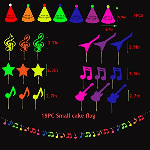 Juego de decoración para fiestas de cumpleaños de neón con banderines que brillan en la oscuridad, globos de neón, globos de aluminio, para tartas, notas musicales para colgar, sombreros