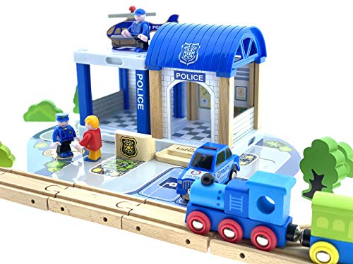 Juego de ferrocarril de madera para niños / tren con rieles de madera 90 piezas / policía / combinable / ferrocarril de madera para niños