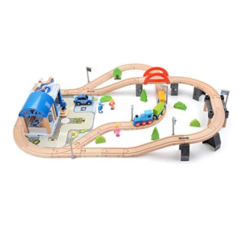 Juego de ferrocarril de madera para niños / tren con rieles de madera 90 piezas / policía / combinable / ferrocarril de madera para niños