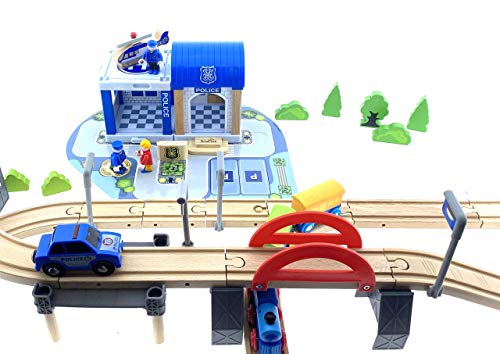 Juego de ferrocarril de madera para niños / tren con rieles de madera 90 piezas / policía / combinable / ferrocarril de madera para niños