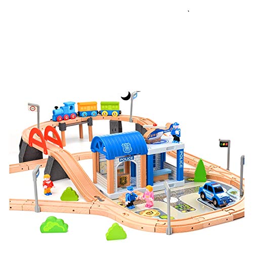 Juego de ferrocarril de madera para niños / tren con rieles de madera 90 piezas / policía / combinable / ferrocarril de madera para niños