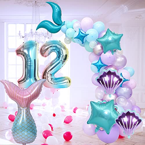 Juego de globos de sirena grande de 12 años para niñas, globo de sirena colorido, número XXL, número 12, globos de aluminio, concha de globo, 12 ° cumpleaños para niños, niña, globo de látex, decoraci