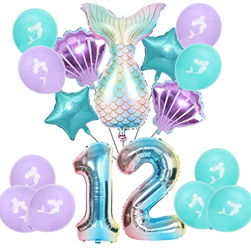 Juego de globos de sirena grande de 12 años para niñas, globo de sirena colorido, número XXL, número 12, globos de aluminio, concha de globo, 12 ° cumpleaños para niños, niña, globo de látex, decoraci