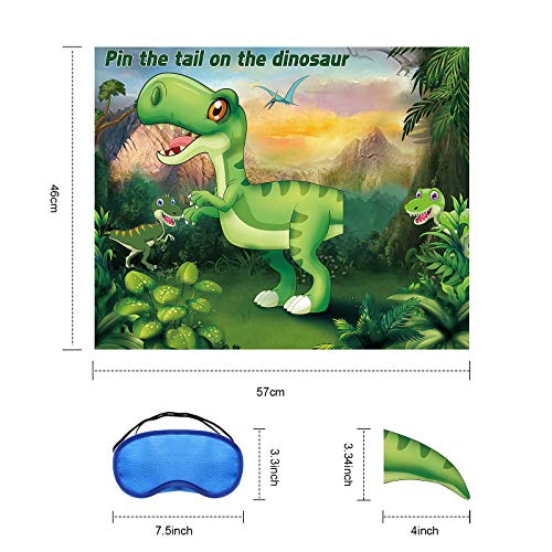 Juego de Poner Cola de Dinosaurios con 24 Pegatinas de Cuernos Colas de Dinosaurio y 6 Vendas de Colores para Ojos para Suministros de Fiesta de Cumpleaños de Dinosaurio Juego para Niños