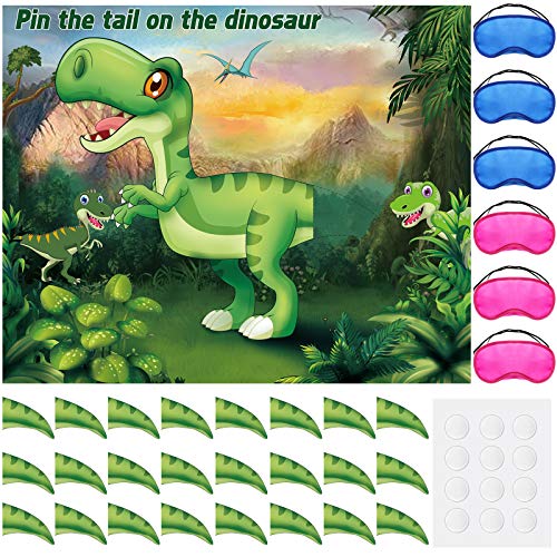 Juego de Poner Cola de Dinosaurios con 24 Pegatinas de Cuernos Colas de Dinosaurio y 6 Vendas de Colores para Ojos para Suministros de Fiesta de Cumpleaños de Dinosaurio Juego para Niños