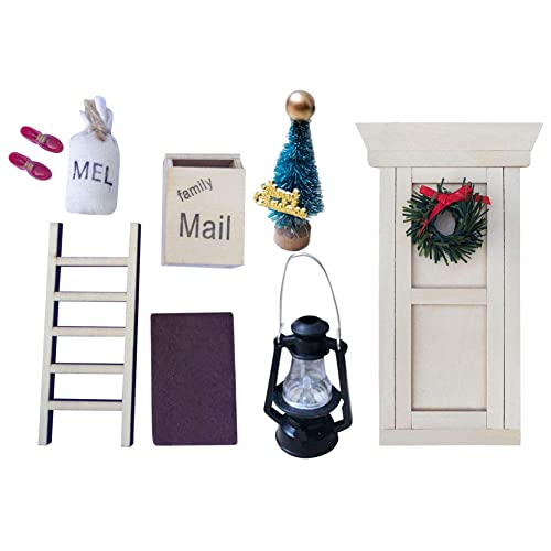 Juego De Puertas De Casa De Muñecas En Miniatura con Accesorios De Bota Linterna De Navidad Corona De Árbol De Navidad Escalera De Madera Casa De Muñecas Muebles Conjunto De Accesorios Mini Casa