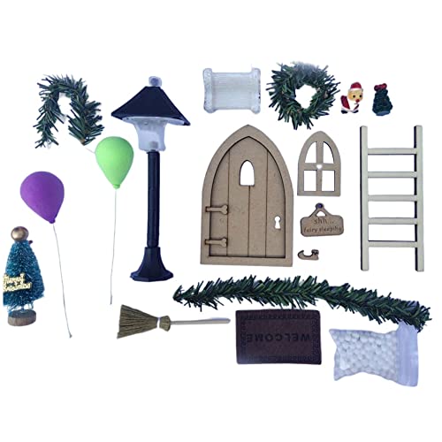 Juego De Puertas De La Casa De La Casa De Navidad Miniatura Alfombra Escalera Escoba Guirnalda Balloon Street Light Doll House Garden Ornaments Set Doll House Accesorios para Niños Niños