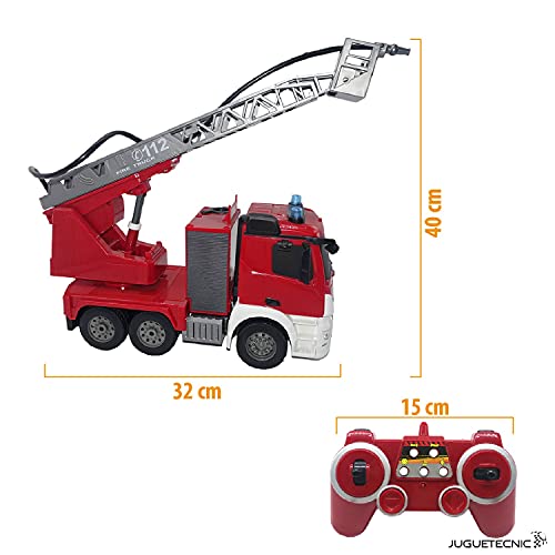 JUGUETECNIC │ Camión de Bomberos Teledirigido Mercedes-Benz Antos | Replica Realista con Efectos de Sonido, Luces LED y Dispara Agua | Coches RC Juguete Radiocontrol con Batería │ Escala 1:20