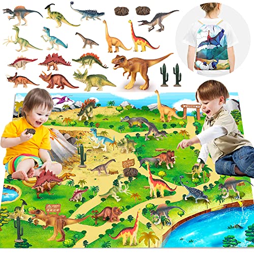 Juguetes de dinosaurios con tapete de juego de actividad figuras realistas de dinosaurios para crear un mundo de dino incluyendo T-Rex Triceratops con bolsa regalos de fiesta para niños de 3+