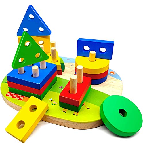 Juguetes de Madera Niños pequeños, Juguetes Montessori Bebes 1 2 3 Año, Juegos Tablero Montessori con 4 Formas Geométricas, Puzzles para Clasificar y Apilar, Regalo Educativos Niño Niña de Preescolar