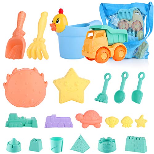 Juguetes de Playa para niños, Niños Material Plastico Juguetes Arena y Arena para niños con Camion Bucket Castle Moldes y Bolsa de Malla Material plastico Blando