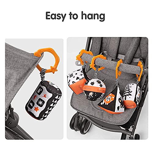 Juguetes para bebés 3 6 12 meses Sonajero colgante Sillita de paseo Cochecito en blanco y negro cuna Clips para cochecitos niños pequeños para cama infantil Fiesta de cumpleaños de un año (4 pcs)