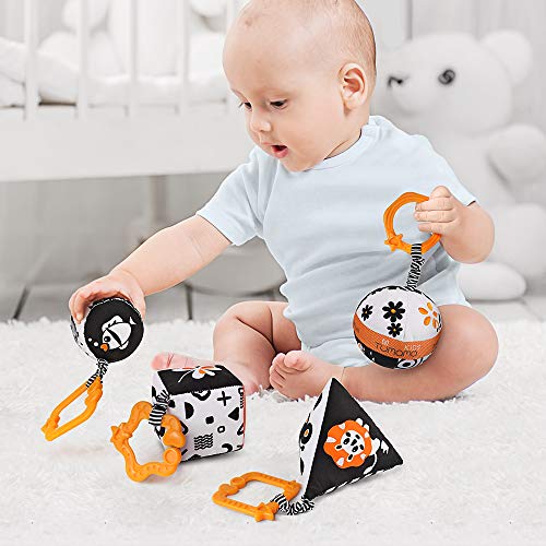 Juguetes para bebés 3 6 12 meses Sonajero colgante Sillita de paseo Cochecito en blanco y negro cuna Clips para cochecitos niños pequeños para cama infantil Fiesta de cumpleaños de un año (4 pcs)