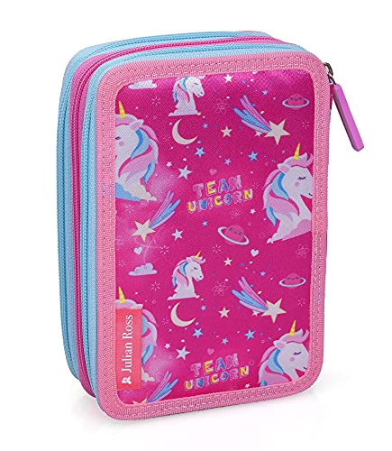 Julian Ross Estuche triple relleno, Plumier Triple, 44 accesorios escolares, 20 centímetros (Unicorno Mary)