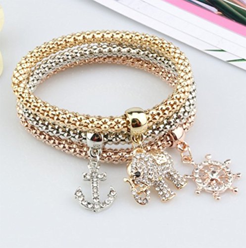 JUNGEN 3 PCS Simples Damas Elegantes Pulseras de Cadena de maíz Creativa Pulseras de Plata Joyas Elegantes para niñas (Barco, Ancla, Elefante)