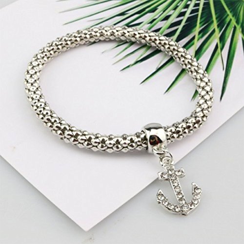 JUNGEN 3 PCS Simples Damas Elegantes Pulseras de Cadena de maíz Creativa Pulseras de Plata Joyas Elegantes para niñas (Barco, Ancla, Elefante)