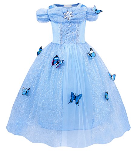 Jurebecia Disfraz Princesa Niñas Vestido de Fiesta para Niñas Dress Largo de Gasa con Encaje de Princesa Halloween Fiesta de Cumpleaños 5-6 Años Azul