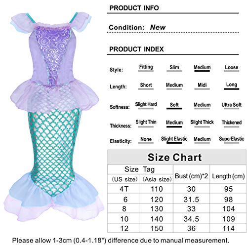 Jurebecia Mermaid Costume Niñas Vestir Fiesta de Lujo Cumpleaños Cosplay Dress Niños Vestidos con Accesorios 3-4 Años