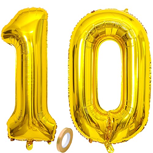 Jxuzh Globo de 10 cumpleaños dorado con número 10 gigante dorado de aluminio globos de helio con números grandes 10 años grandes XXL Happy Birthday de 32 pulgadas cumpleaños gigante para niñas y niños