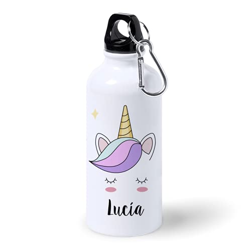 Kadoo Regalos Botella de Aluminio Personalizada Infantil Cara Unicornio con Nombre (400ml)