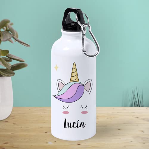 Kadoo Regalos Botella de Aluminio Personalizada Infantil Cara Unicornio con Nombre (400ml)